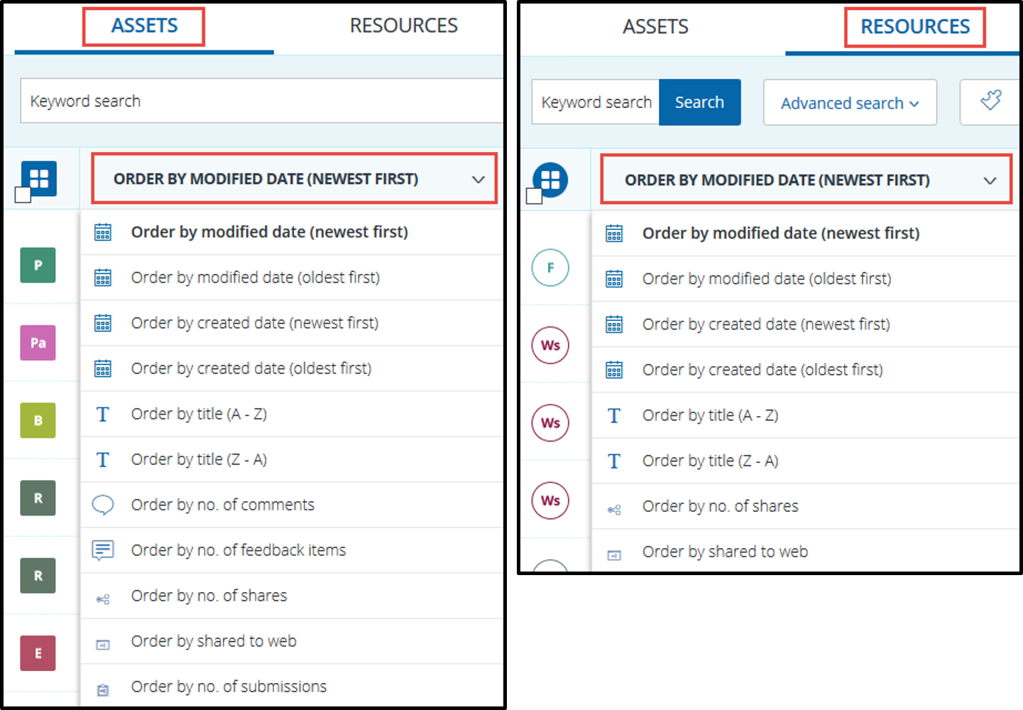 Asset and Resource order options